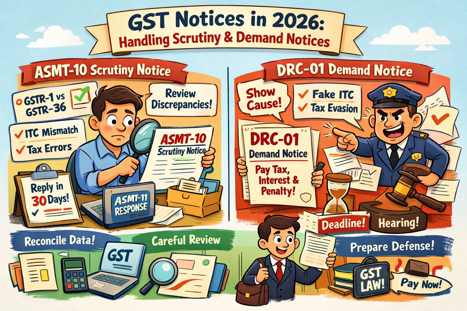 GST Notices In 2026: Detailed Guide To Handling Scrutiny (ASMT-10) & Demand Notice (DRC-01)